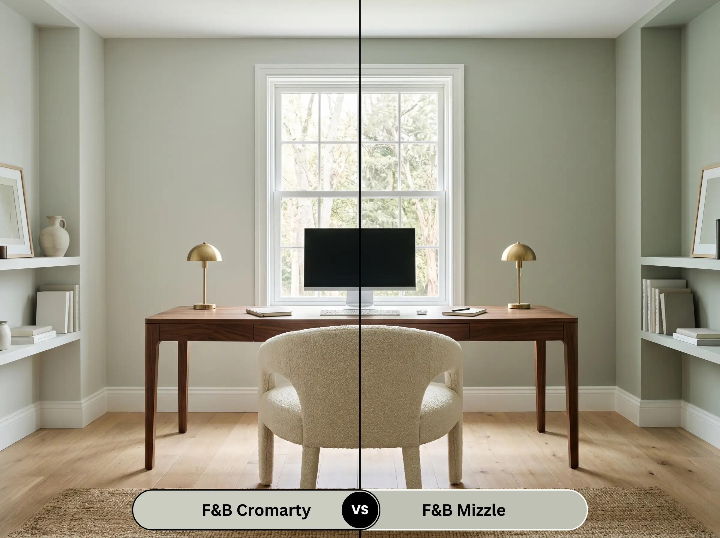 A side-by-side split-screen comparison of Farrow & Ball Cromarty on the left and Farrow & Ball Mizzle on the right, shown in a transitional home office featuring a deep walnut desk and a creamy bouclé accent chair.