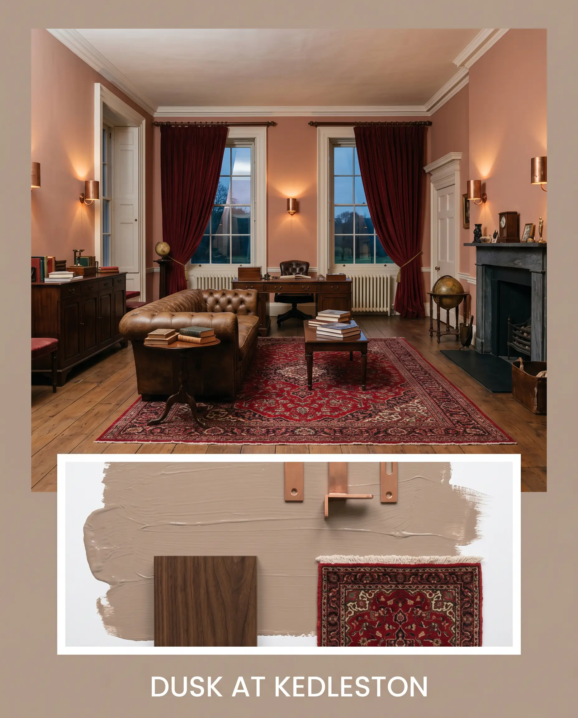 A luxurious historic drawing room showcases walls painted in Farrow & Ball Dead Salmon (Hex #b19c8d) alongside dark walnut furniture, copper sconces, and crimson Persian rugs.