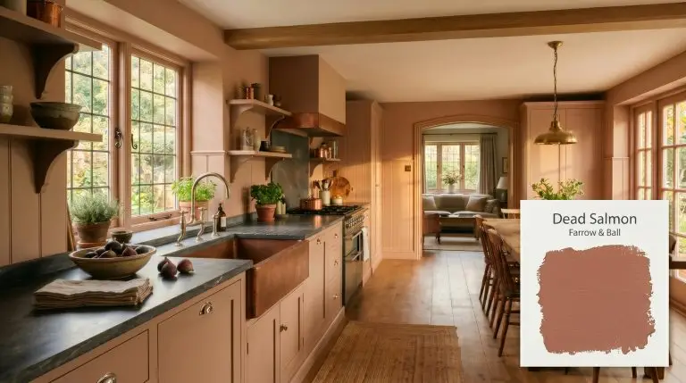 An unlacquered copper farmhouse sink and reclaimed teak dining table sit beneath walls and cabinetry painted Farrow & Ball Dead Salmon (Hex #b19c8d).