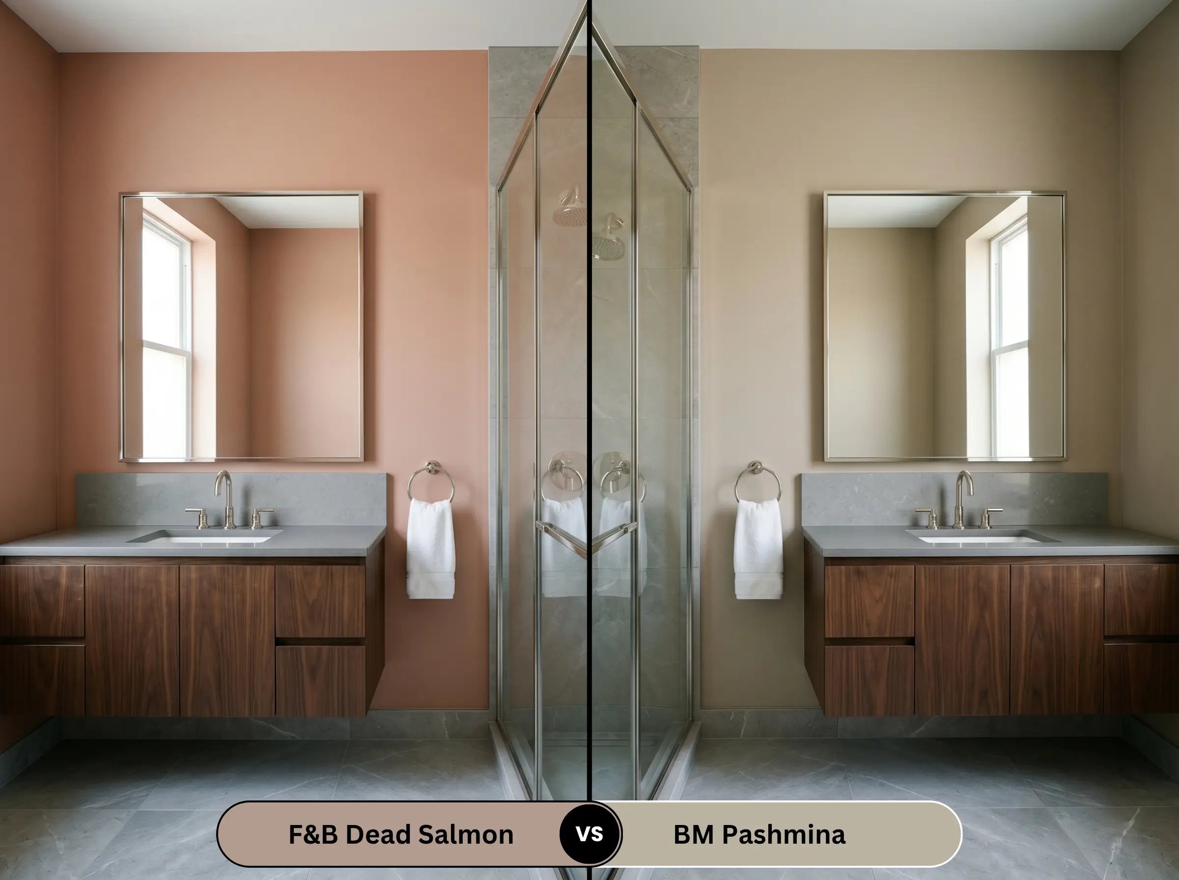 A side-by-side split-screen comparison of Farrow & Ball Dead Salmon on the left and Benjamin Moore Pashmina on the right, shown in a modern bathroom with cool-toned grey stone tiles.