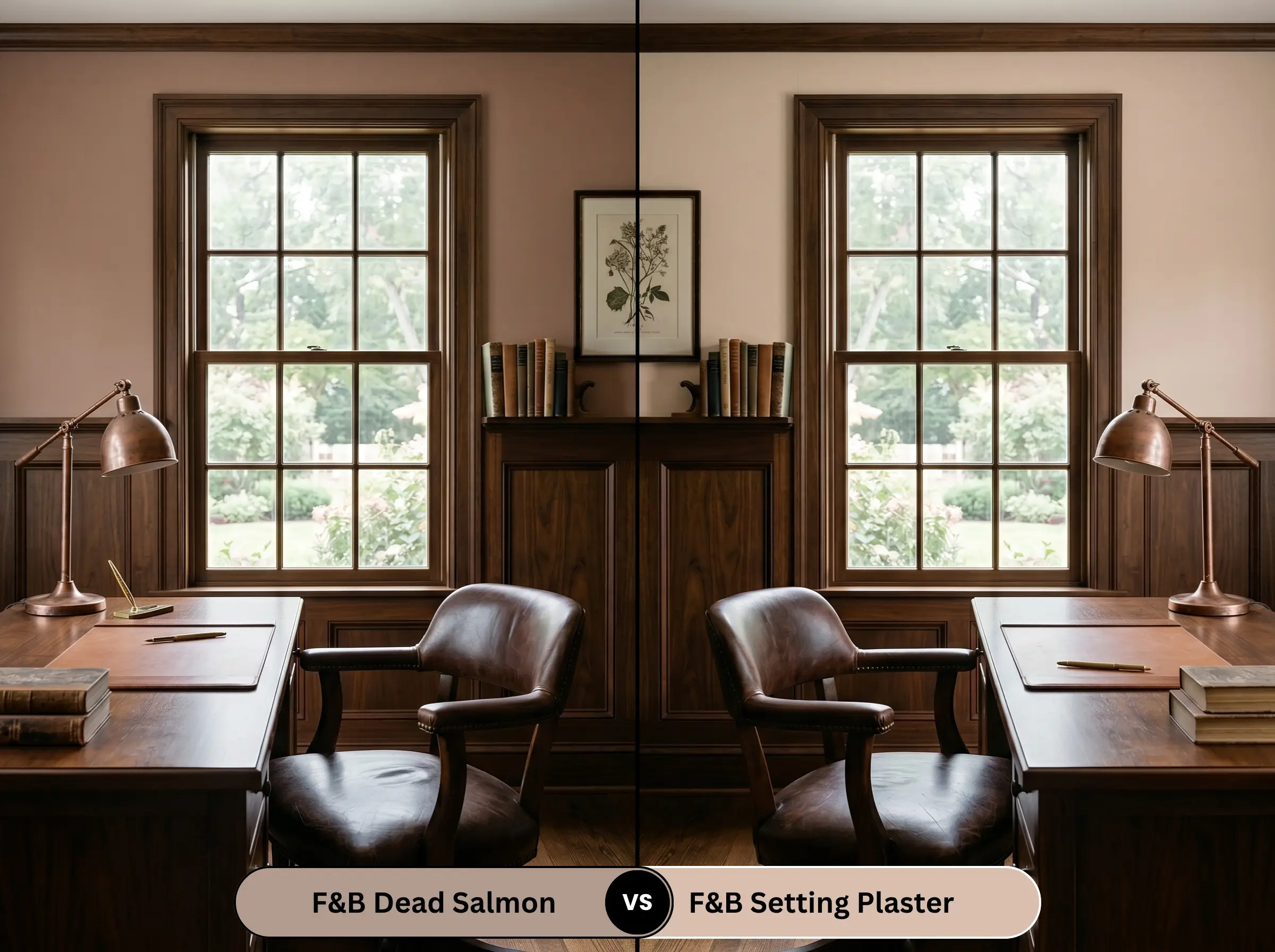 A side-by-side split-screen comparison of Farrow & Ball Dead Salmon on the left and Farrow & Ball Setting Plaster on the right, shown in a traditional home office featuring dark walnut wainscoting.