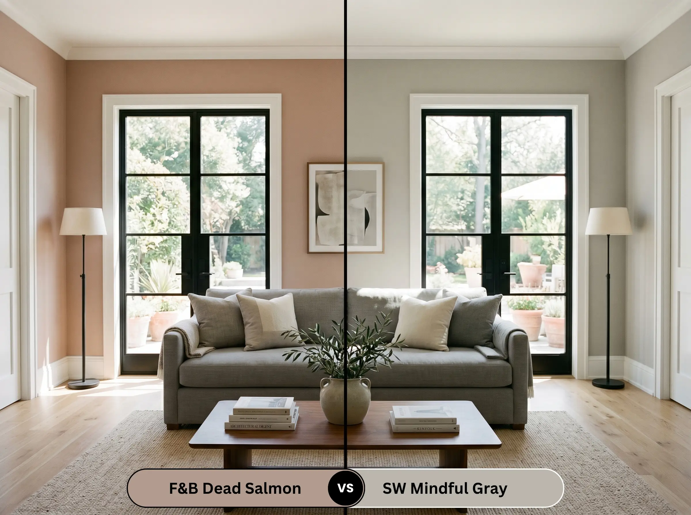 A side-by-side split-screen comparison of Farrow & Ball Dead Salmon on the left and Sherwin-Williams Mindful Gray on the right, shown in a sun-drenched living room with a tailored grey sofa.