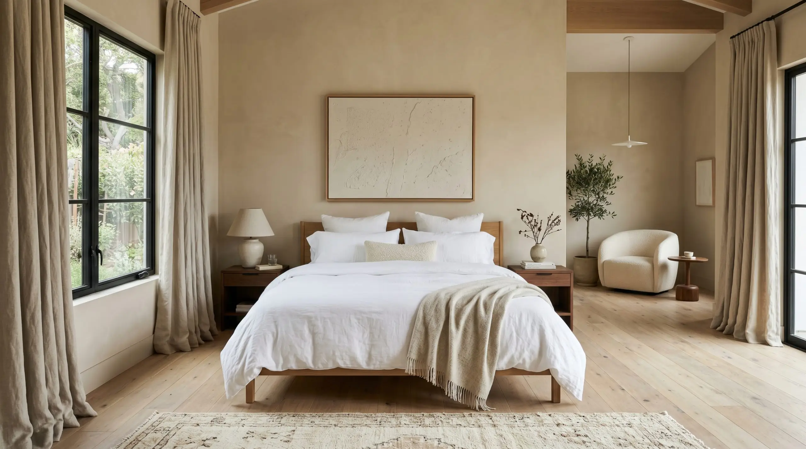 A serene bedroom features walls painted in Farrow & Ball Drop Cloth (Hex #c5bdac), crisp white bedding, and heavy, pooling linen drapes.