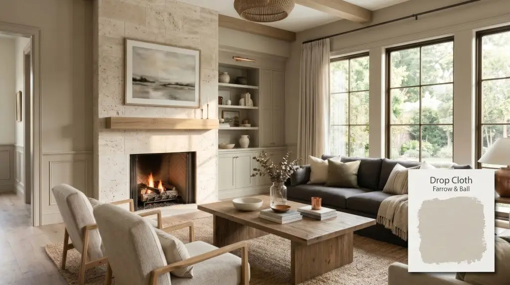 Traditional wainscoting and smooth walls painted in Farrow & Ball Drop Cloth (Hex #c5bdac) surround a tumbled travertine fireplace and charcoal linen sofa.