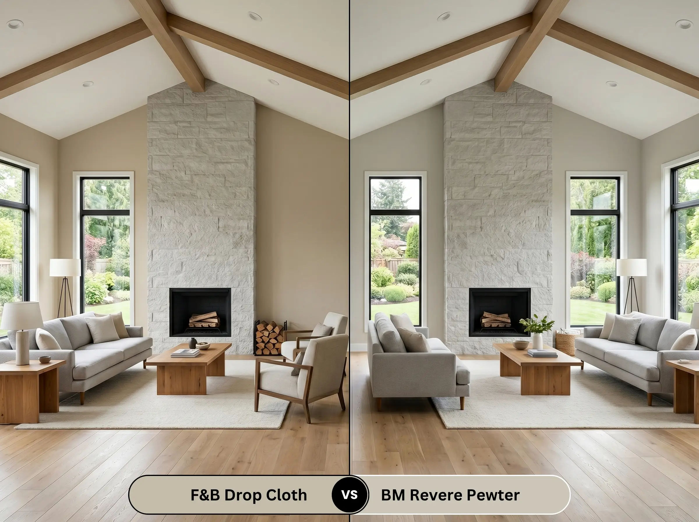 A side-by-side split-screen comparison of Farrow & Ball Drop Cloth on the left and Benjamin Moore Revere Pewter on the right, shown in an open-concept suburban living room with a stone fireplace.