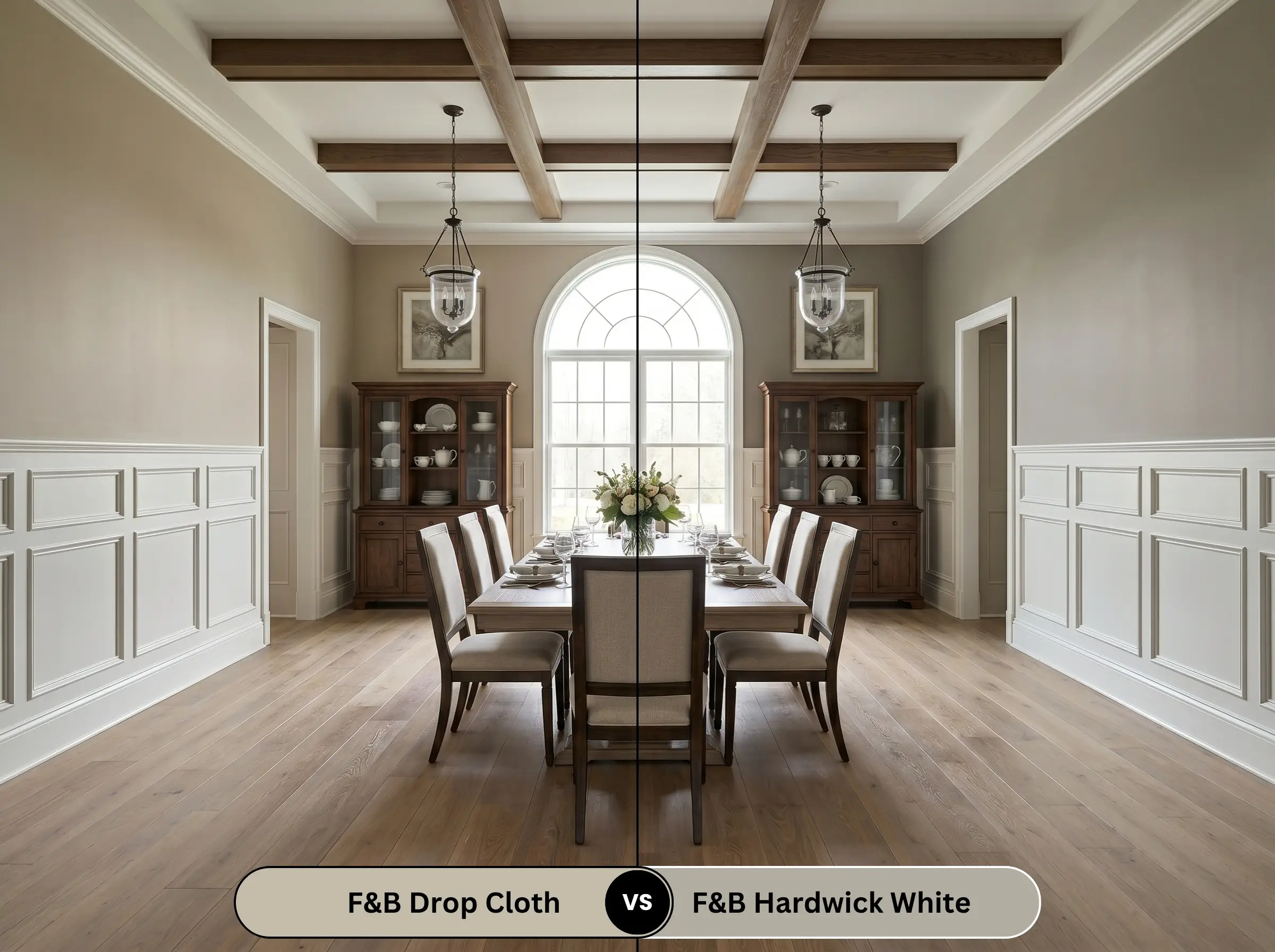 A side-by-side split-screen comparison of Farrow & Ball Drop Cloth on the left and Farrow & Ball Hardwick White on the right, shown in a traditional dining room with bleached walnut floors.