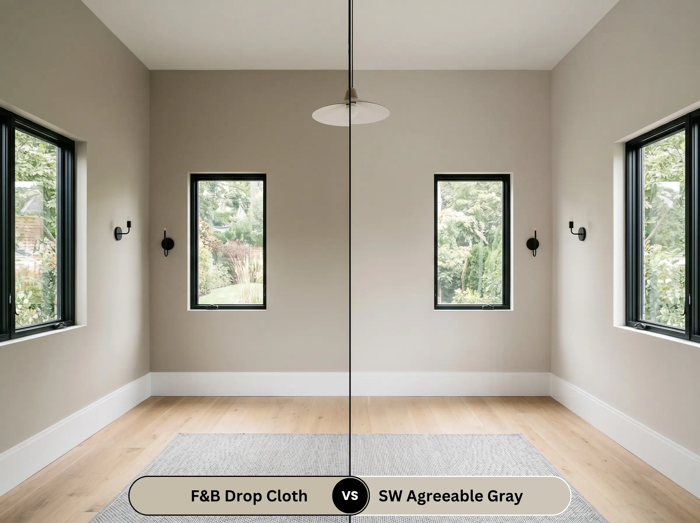 A side-by-side split-screen comparison of Farrow & Ball Drop Cloth on the left and Sherwin-Williams Agreeable Gray on the right, shown in an empty transitional bedroom with tall baseboards.