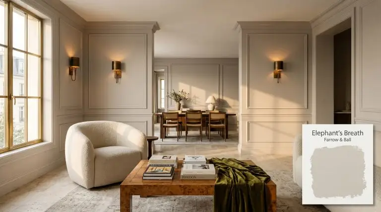 Intricate picture molding painted in Farrow & Ball Elephant's Breath (Hex #c7beb3) surrounds a curved bouclé armchair and vintage burl wood coffee table.