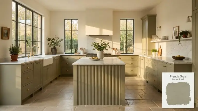 A fluted central island and lower shaker cabinetry painted in Farrow & Ball French Gray (Hex #b0af9b) contrast against creamy off-white walls.