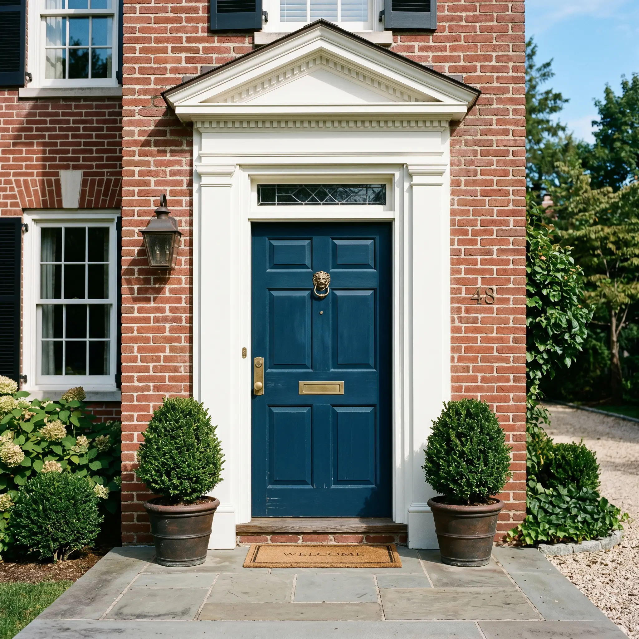 Symmetrical potted boxwood plants flank a classic brick facade and a blackened blue-green entryway door accented with unlacquered brass hardware.