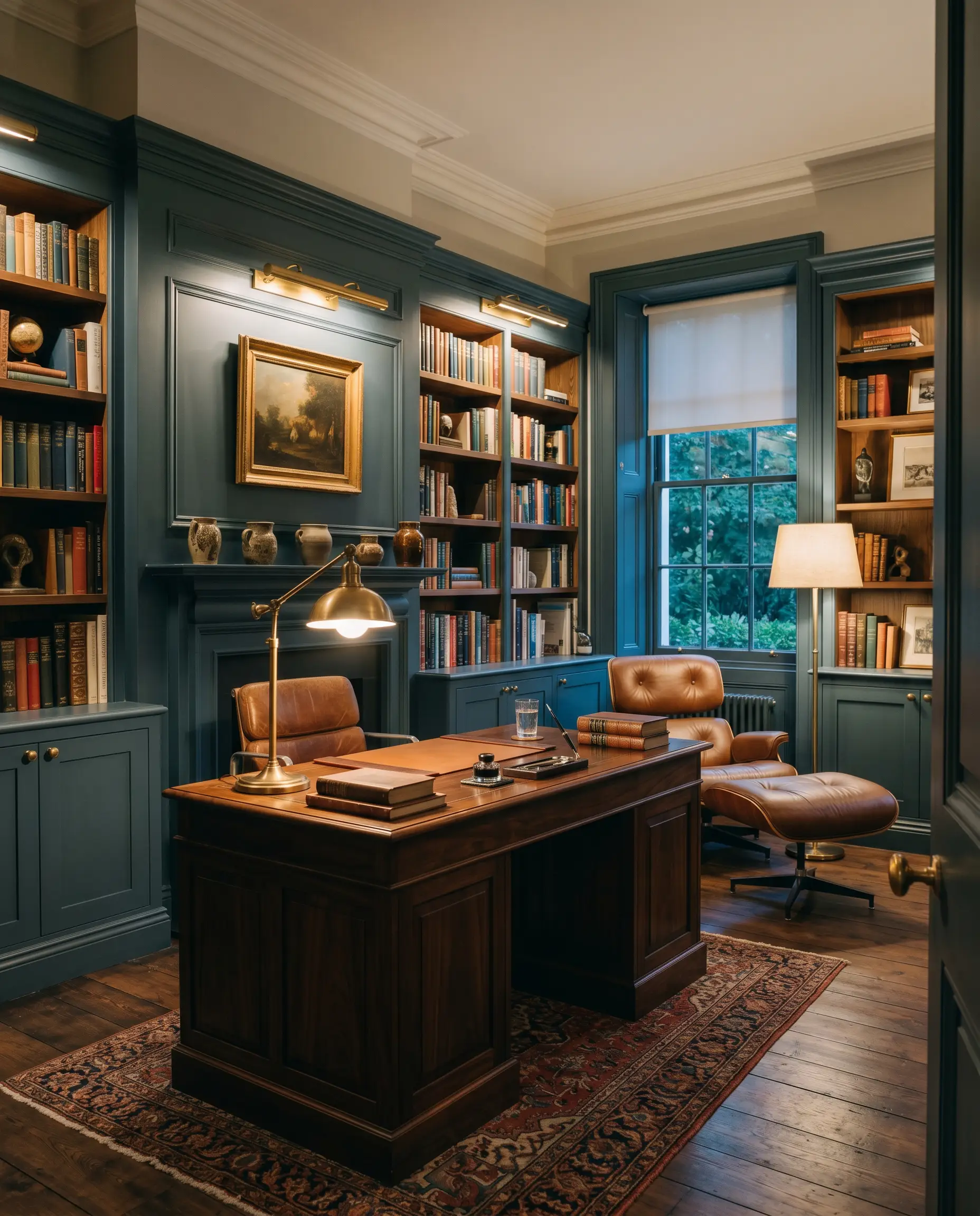 Floor-to-ceiling custom Dutch woodwork bookshelves surround a rich walnut desk and leather chair in a sophisticated moody aesthetic workspace.