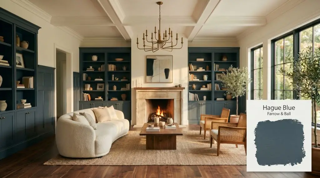 A cream nubby bouclé sofa sits before built-in bookcases and lower wainscoting painted in Farrow & Ball Hague Blue (Hex #3f4d57).