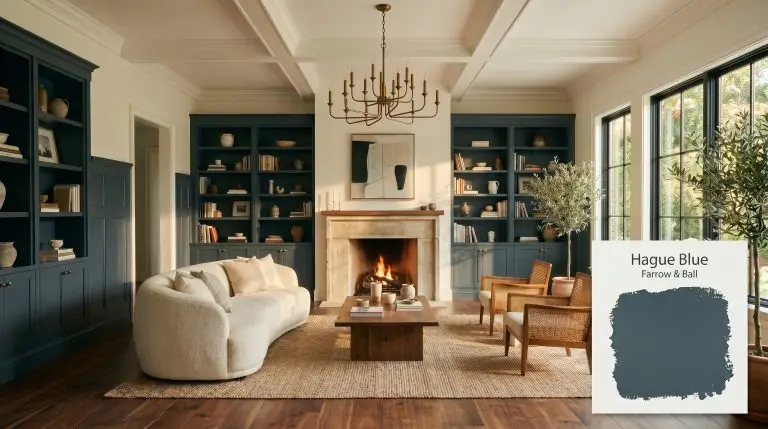 A cream nubby bouclé sofa sits before built-in bookcases and lower wainscoting painted in Farrow & Ball Hague Blue (Hex #3f4d57).