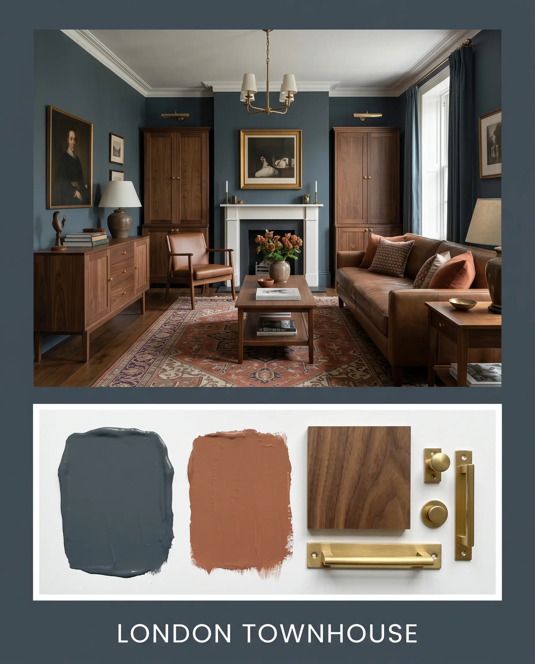 A historic English editorial flat-lay showcases rich walnut furniture, unlacquered brass, and a vintage Persian rug against walls painted Farrow & Ball Hague Blue (Hex #3f4d57).