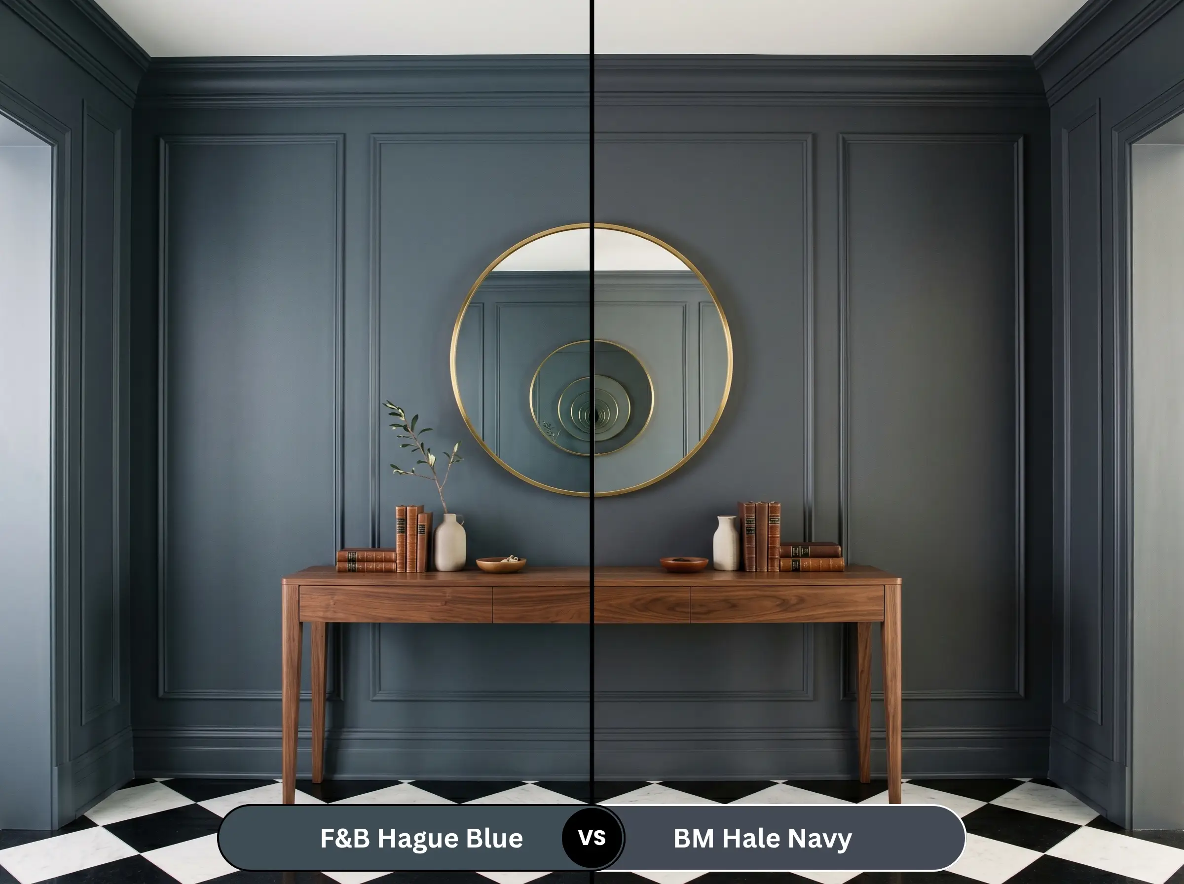 A side-by-side split-screen comparison of Farrow & Ball Hague Blue on the left and Benjamin Moore Hale Navy on the right, shown in an elegant entryway with a walnut console table.