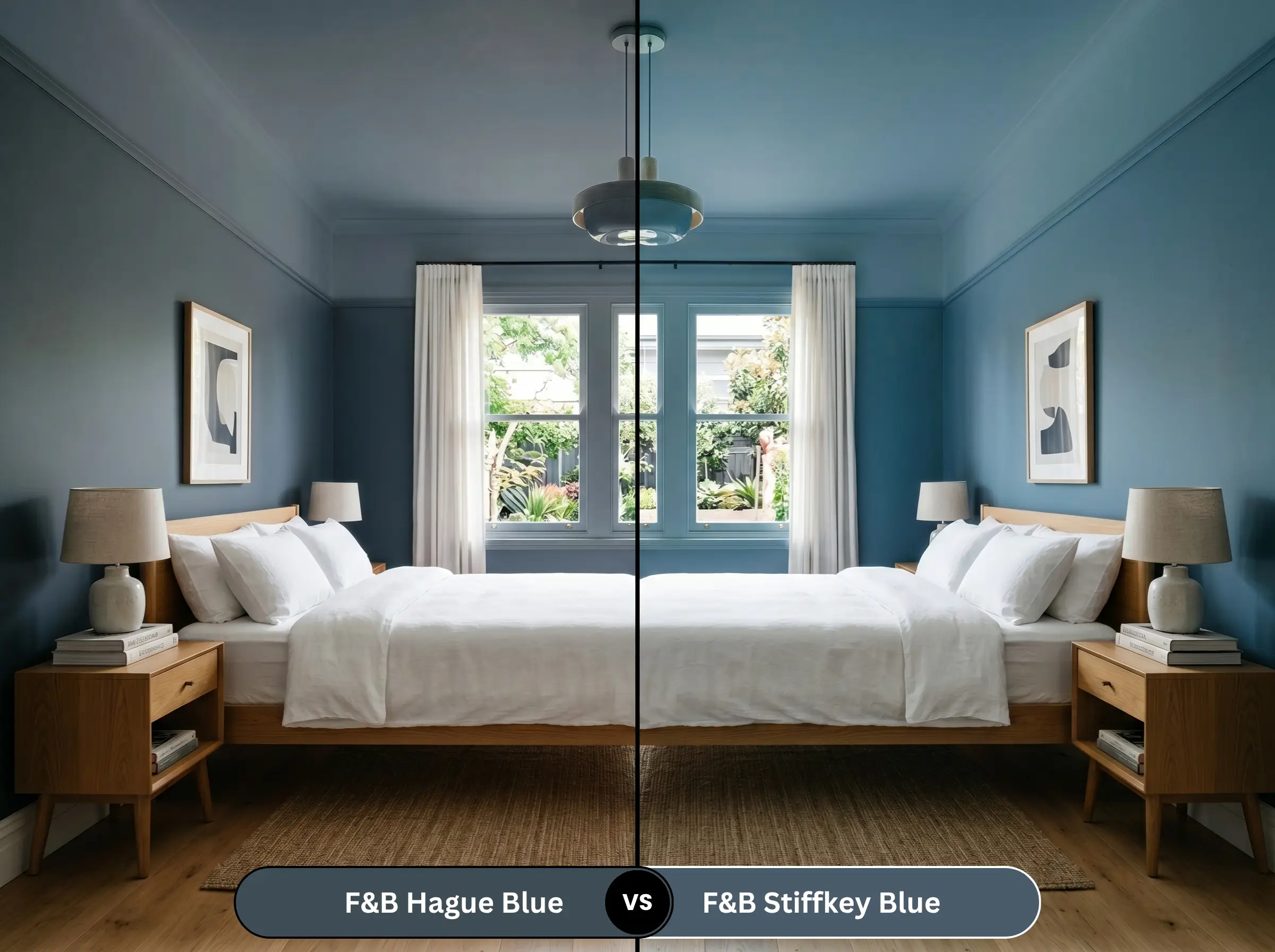 A side-by-side split-screen comparison of Farrow & Ball Hague Blue on the left and Farrow & Ball Stiffkey Blue on the right, shown in a sunlit bedroom with a natural wood bed frame.