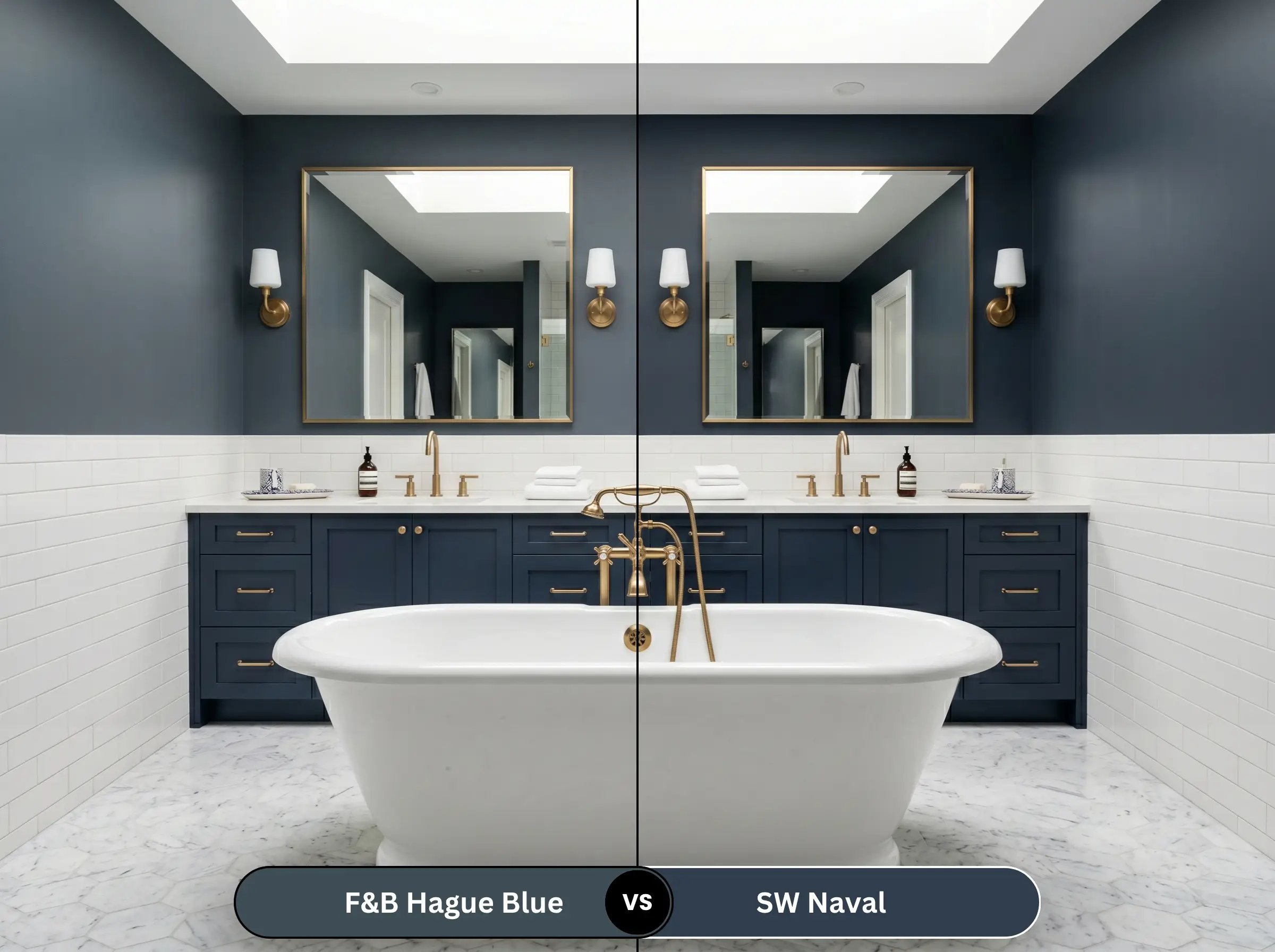 A side-by-side split-screen comparison of Farrow & Ball Hague Blue on the left and Sherwin-Williams Naval on the right, shown in a crisp transitional bathroom featuring a white freestanding tub.