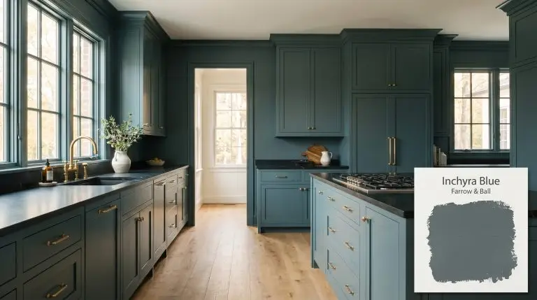 Custom cabinetry and walls painted in Farrow & Ball Inchyra Blue (Hex #58686a) anchor a heritage kitchen featuring honed black soapstone countertops and unlacquered brass hardware.