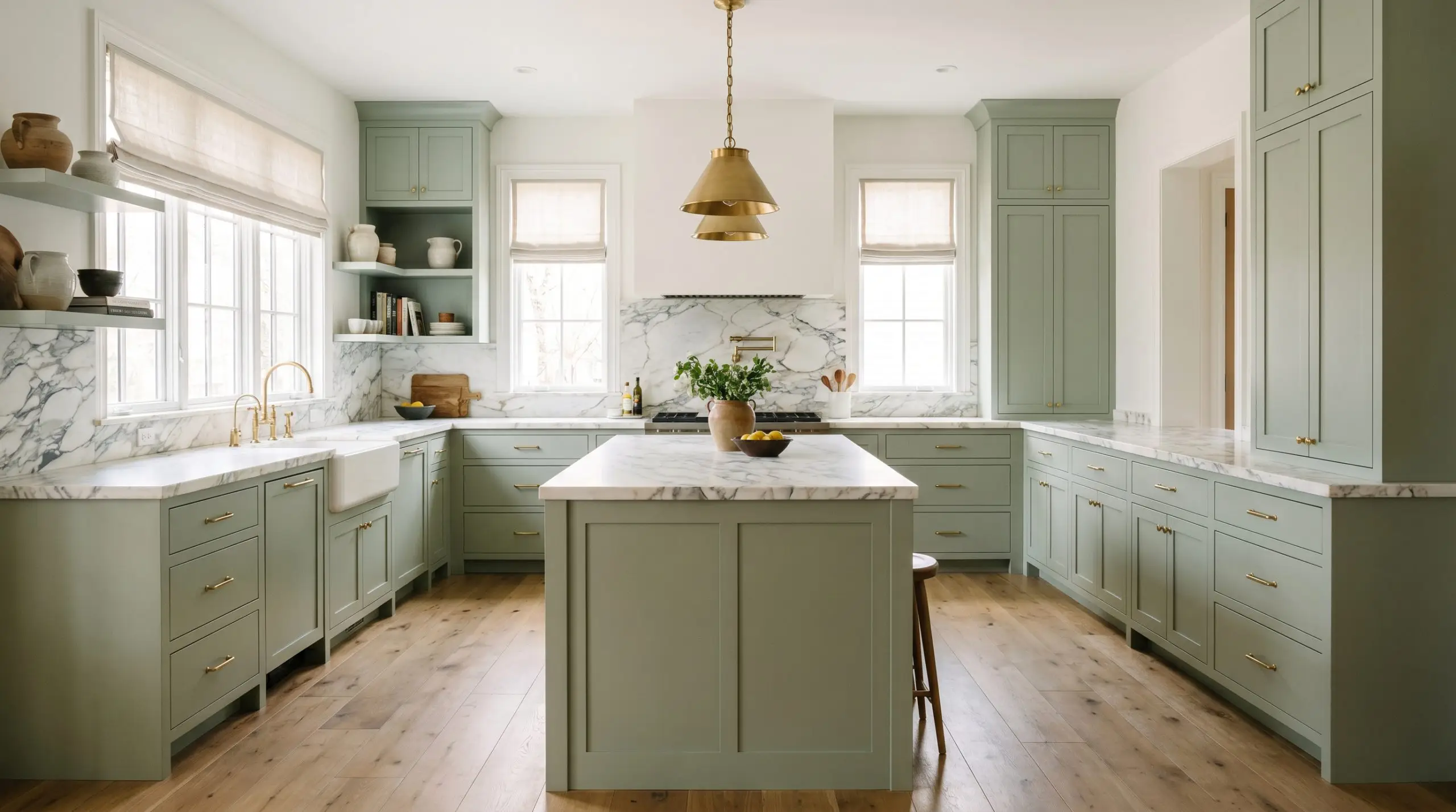 An earthy grey-green shaker-style island and cabinetry anchor a transitional kitchen featuring heavily veined marble countertops, unlacquered brass fixtures, and wide-plank oak flooring.