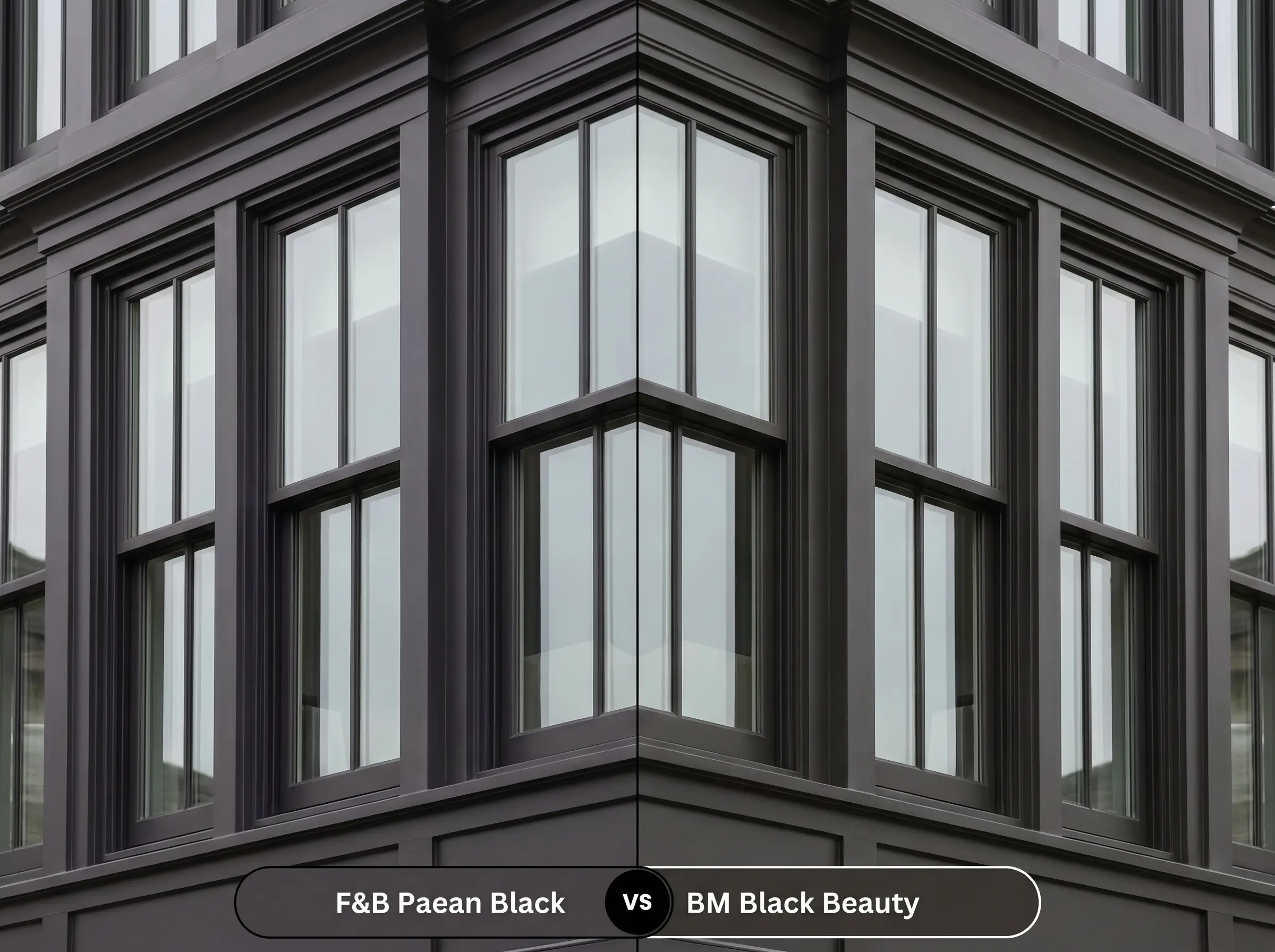 A side-by-side split-screen comparison of Farrow & Ball Paean Black on the left and Benjamin Moore Black Beauty on the right on a modern home exterior.