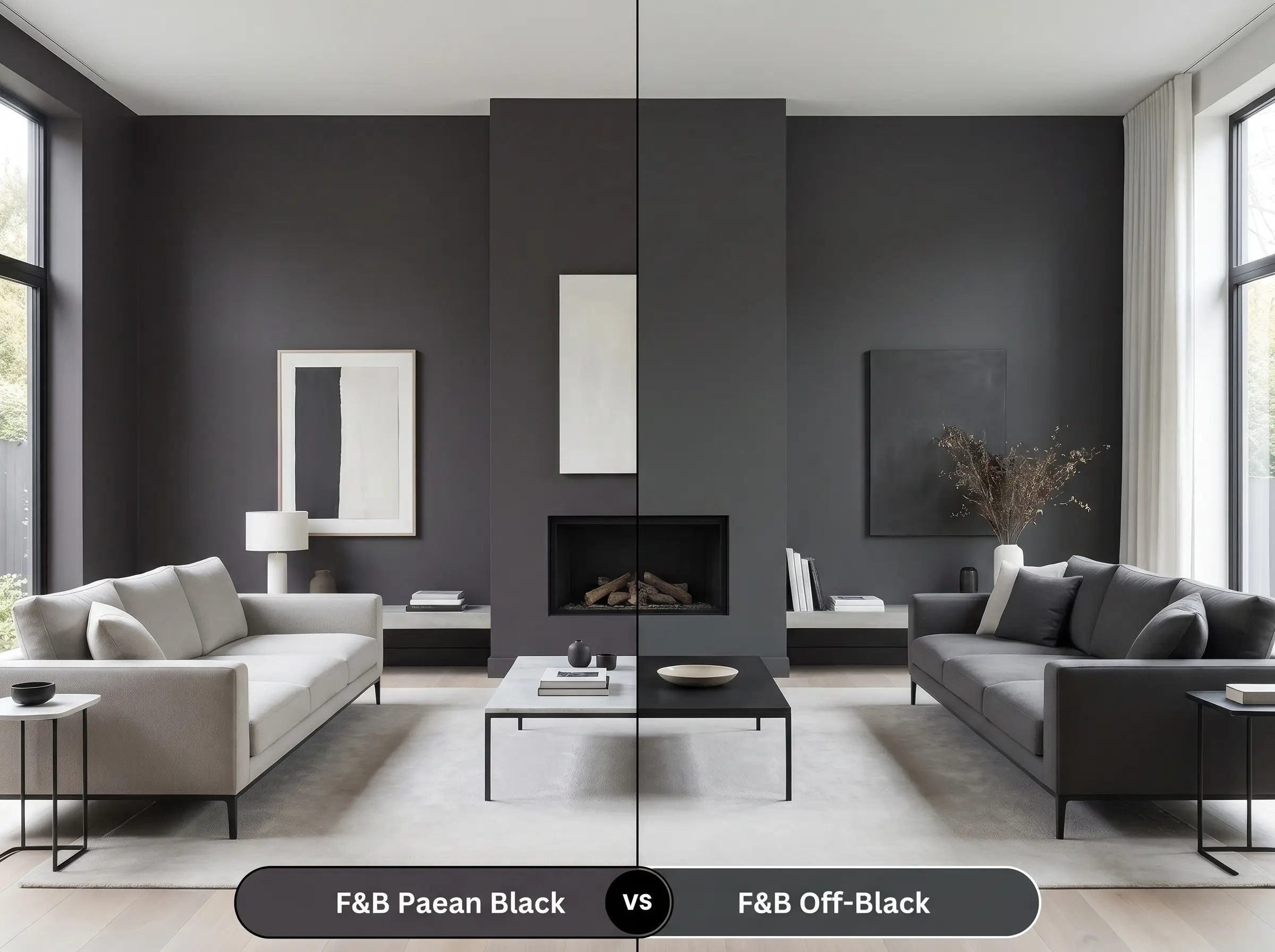 A side-by-side split-screen comparison of Farrow & Ball Paean Black on the left and Farrow & Ball Off-Black on the right in a contemporary living room.