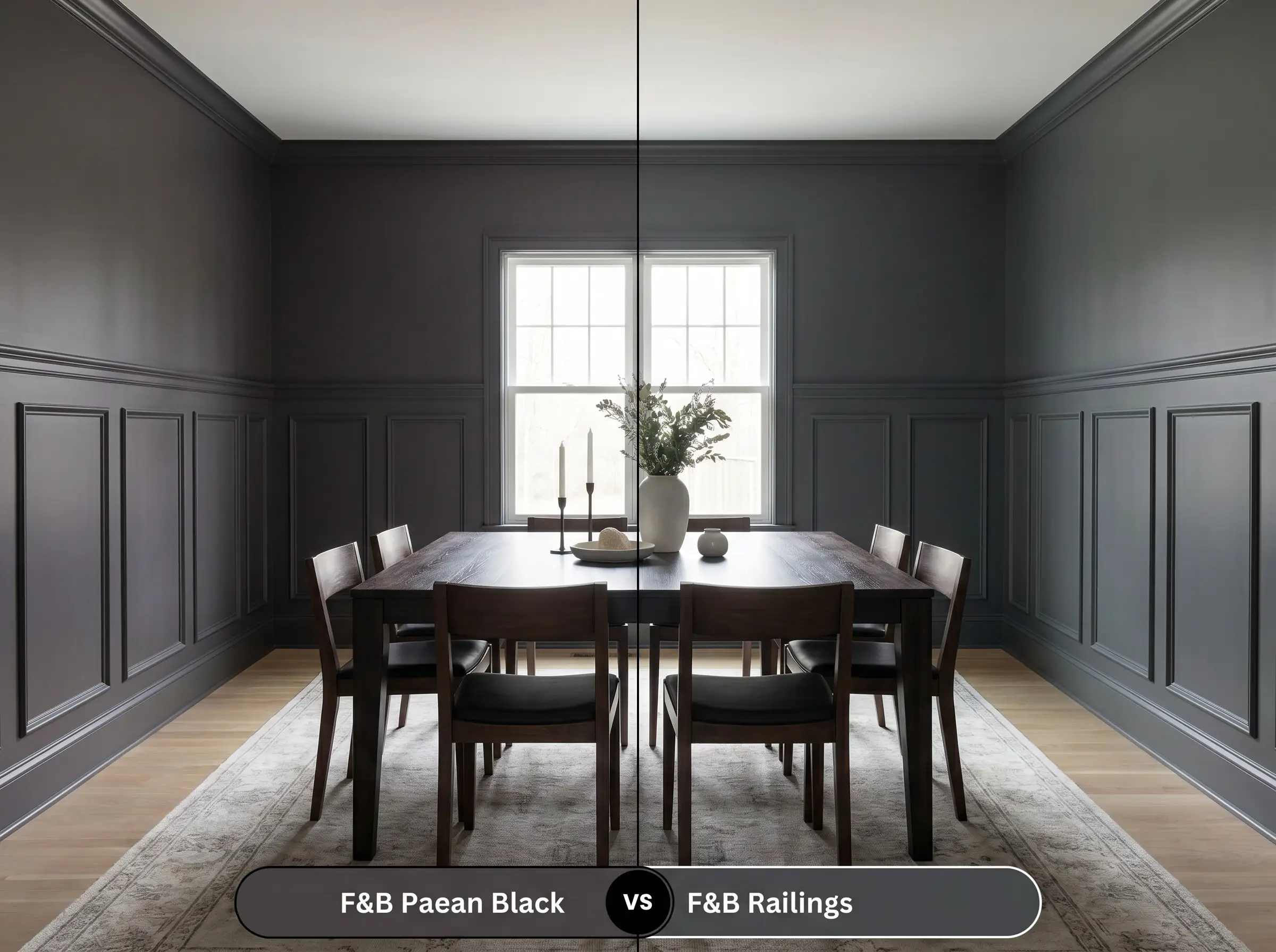A side-by-side split-screen comparison of Farrow & Ball Paean Black on the left and Farrow & Ball Railings on the right in a transitional dining room.