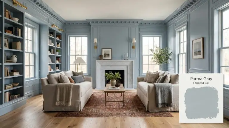 Intricate built-in bookshelves and crown molding painted in Farrow & Ball Parma Gray (Hex #b0bec6) surround a honed Carrara marble fireplace and oatmeal linen sofa.