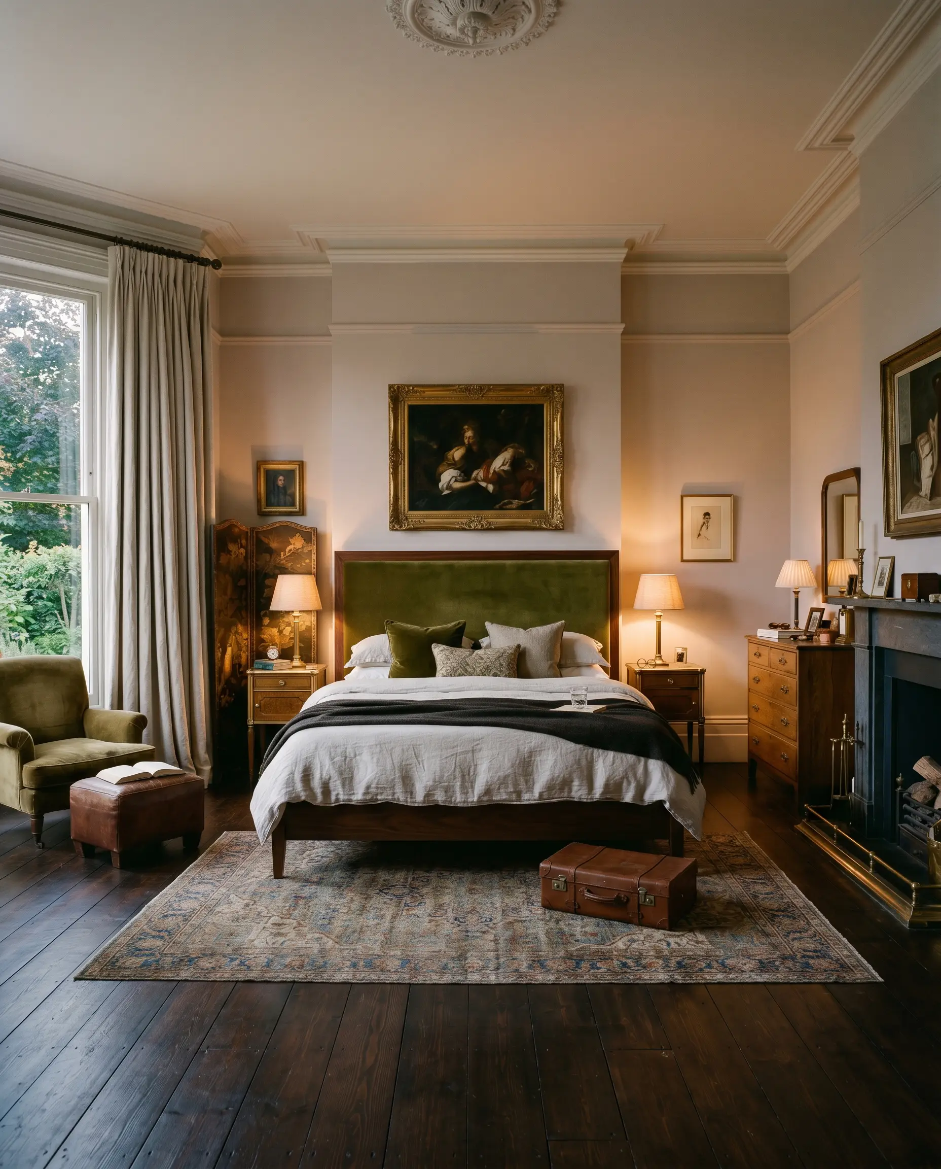 An olive green velvet headboard and heavy linen drapery anchor a luxurious primary bedroom enveloped in muted pink walls and dark espresso-stained wood floors.
