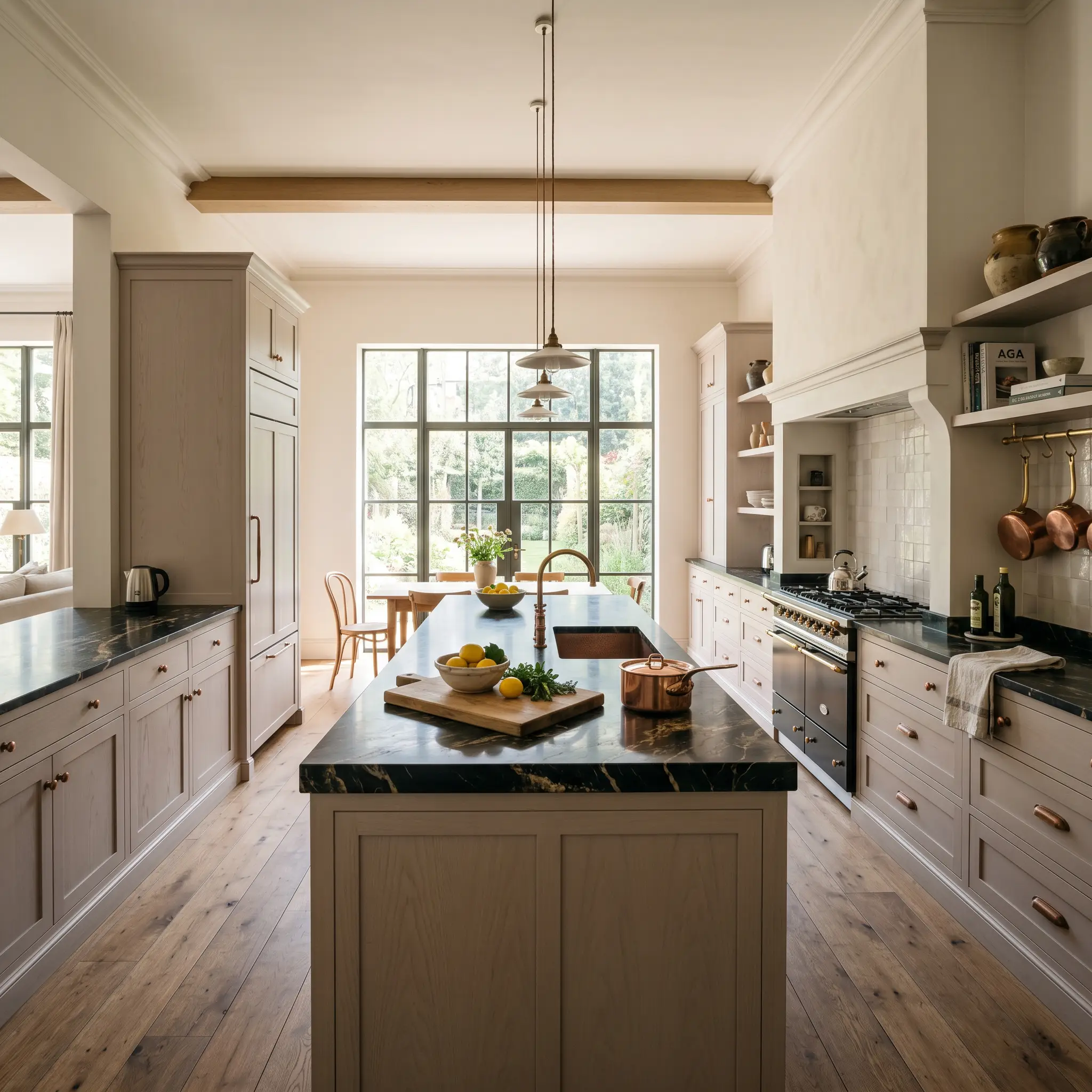 Custom culinary kitchen heritage cabinets painted in Farrow & Ball Peignoir (Hex #cfc4c0) contrast beautifully with dramatic dark quartzite countertops and antiqued copper hardware.