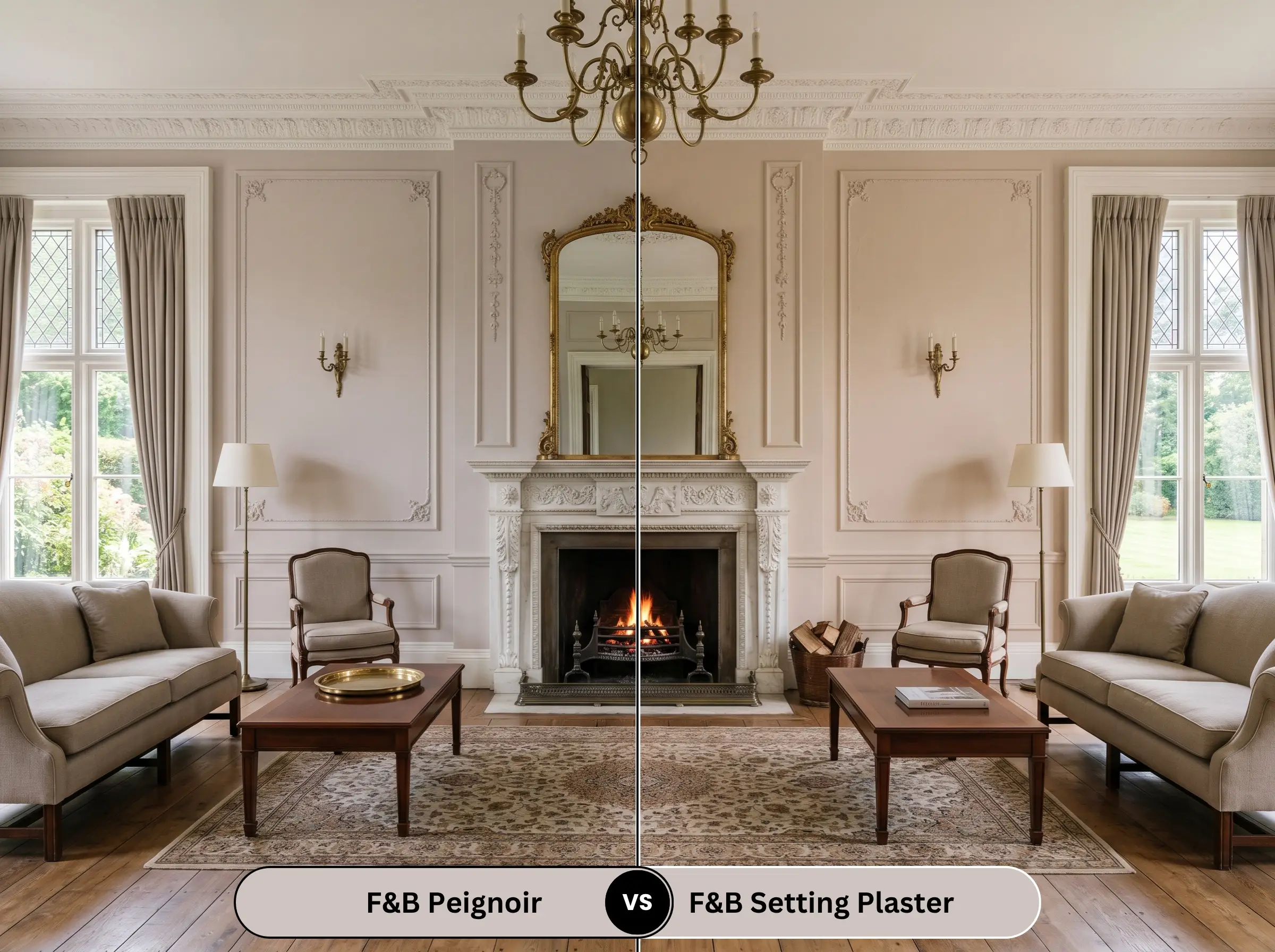A side-by-side split-screen comparison of Farrow & Ball Peignoir on the left and Farrow & Ball Setting Plaster on the right, shown in a historic living room featuring intricate plaster moldings.