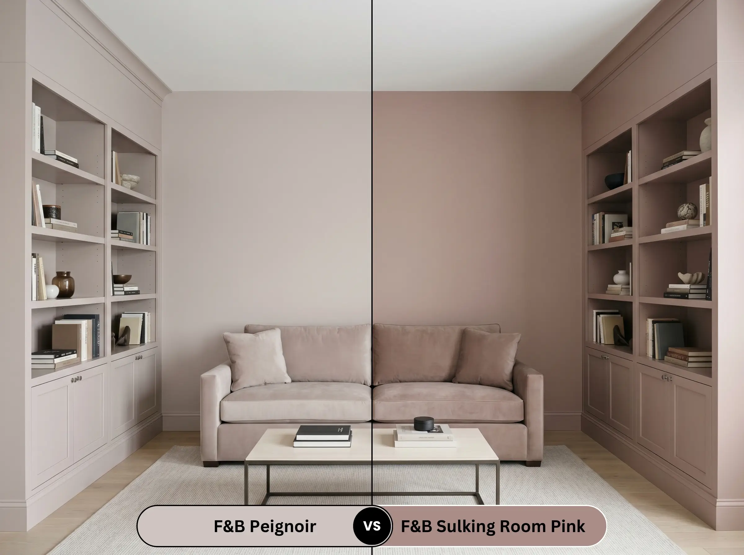 A side-by-side split-screen comparison of Farrow & Ball Peignoir on the left and Farrow & Ball Sulking Room Pink on the right, shown in a cozy den with mirrored built-in bookshelves.