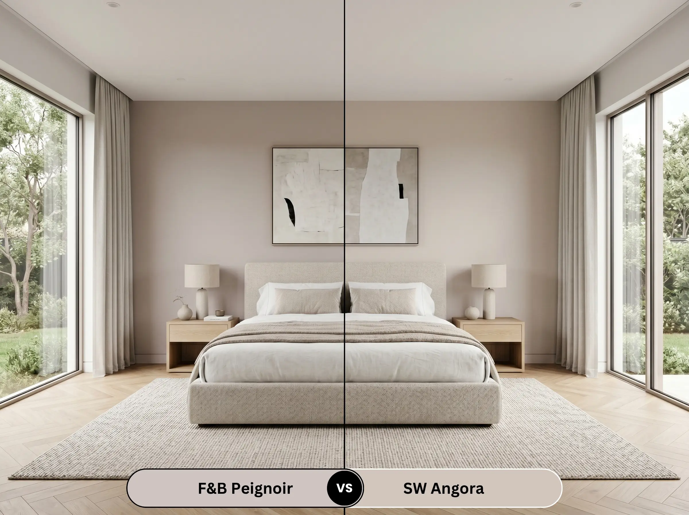 A side-by-side split-screen comparison of Farrow & Ball Peignoir on the left and Sherwin-Williams Angora on the right, shown in a serene bedroom with an upholstered bed frame.