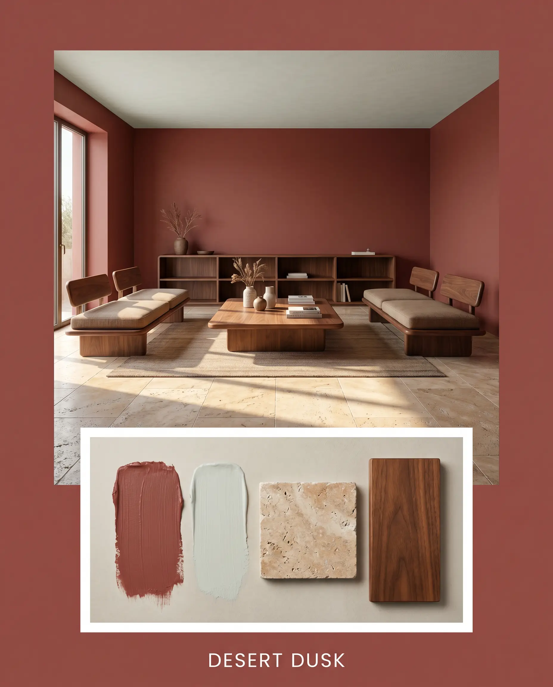 An editorial magazine layout titled DESERT DUSK pairs a serene retreat featuring deep terracotta warmth walls and expansive tumbled travertine flooring with a flat-lay of matching paint applications, stone, and a walnut wood swatch.