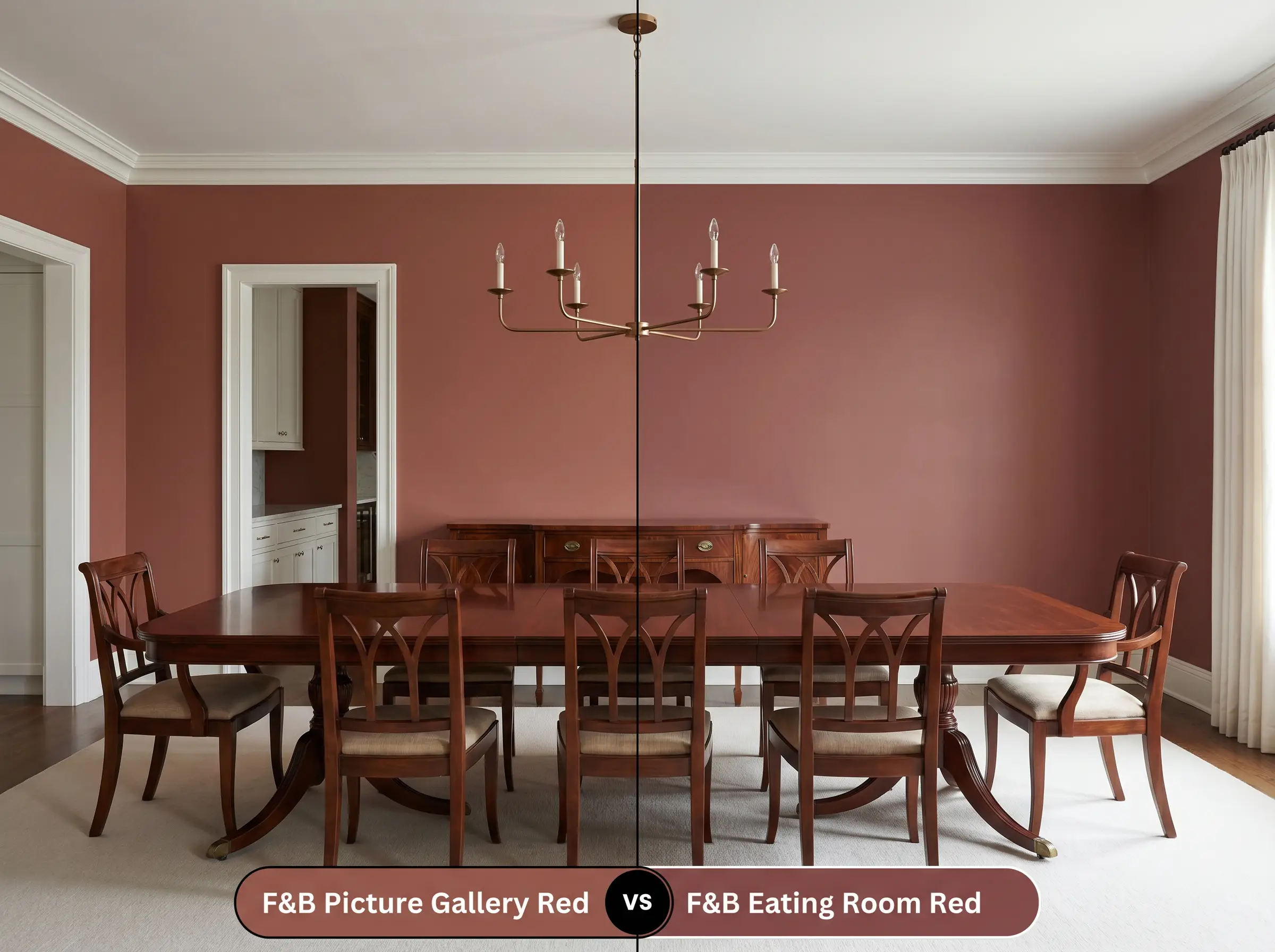 A side-by-side split-screen comparison of Farrow & Ball Picture Gallery Red on the left and Farrow & Ball Eating Room Red on the right, shown in a mirrored formal dining room with a mahogany table and bronze chandelier.