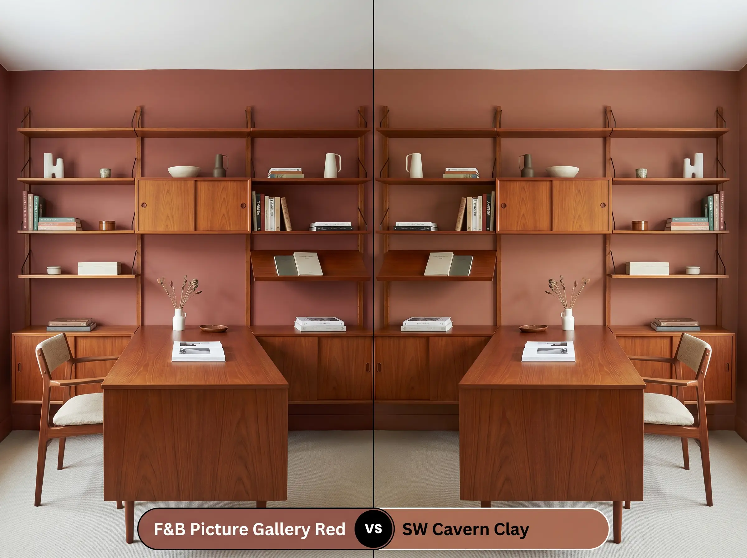A side-by-side split-screen comparison of Farrow & Ball Picture Gallery Red on the left and Sherwin-Williams Cavern Clay on the right, shown in a mirrored mid-century modern home study with a sleek teak desk and wall-to-wall shelving.