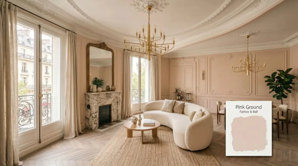 A curved boucle sofa sits in a Parisian-style living room painted in Farrow & Ball Pink Ground (Hex #ead4c6), featuring bleached walnut chevron flooring and a veined marble fireplace.