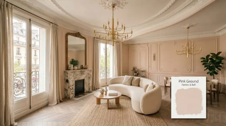 A curved boucle sofa sits in a Parisian-style living room painted in Farrow & Ball Pink Ground (Hex #ead4c6), featuring bleached walnut chevron flooring and a veined marble fireplace.