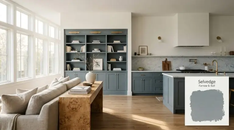 Built-in library shelving and lower kitchen cabinets painted in Farrow & Ball Selvedge (Hex #7c8e96) anchor a transitional living space featuring honed Carrara marble and stonewashed linen.