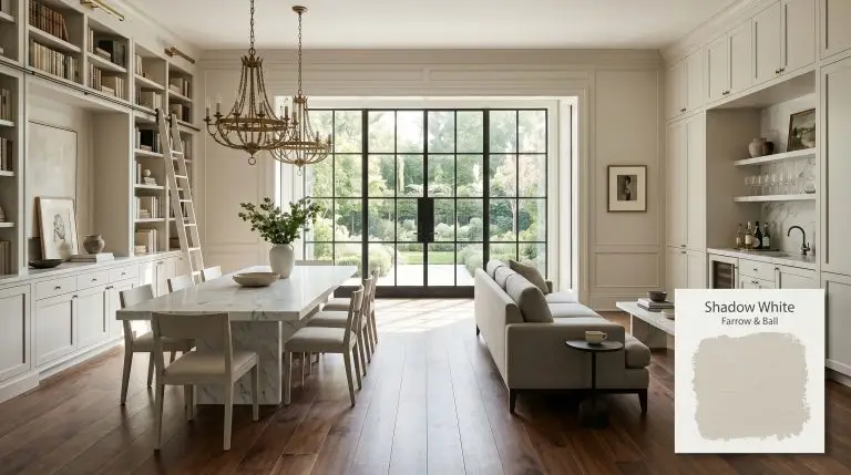 Extensive millwork and built-in cabinetry painted in Farrow & Ball Shadow White (Hex #dcd7c8) frame a honed Calacatta marble dining table and worsted wool sofa.