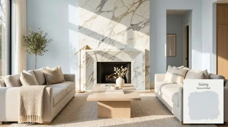 A luxurious coastal modern living room features walls painted in Farrow & Ball Sizing (Hex #dfe6ea), a pale white oak plinth coffee table, and a heavily veined Calacatta marble fireplace.