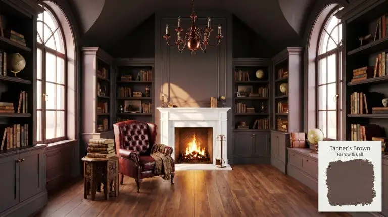 A color-drenched heritage study features built-in bookshelves painted in Farrow & Ball Tanner's Brown (Hex #4f4a4a), a tufted oxblood leather armchair, and warm walnut flooring.