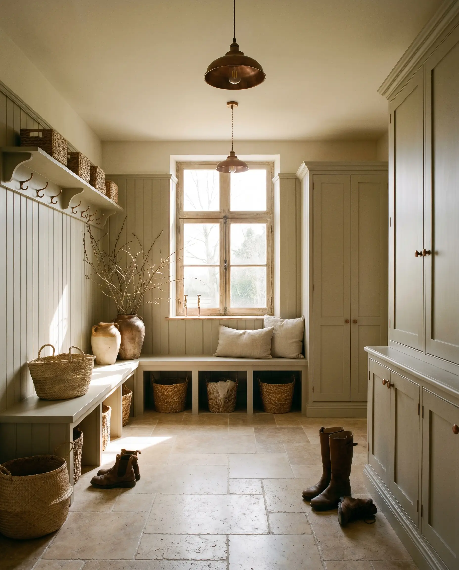 A Belgian Farmhouse mudroom features beadboard and built-in cubbies coated in a muted olive tone, grounded by tumbled travertine flooring and aged copper fixtures.