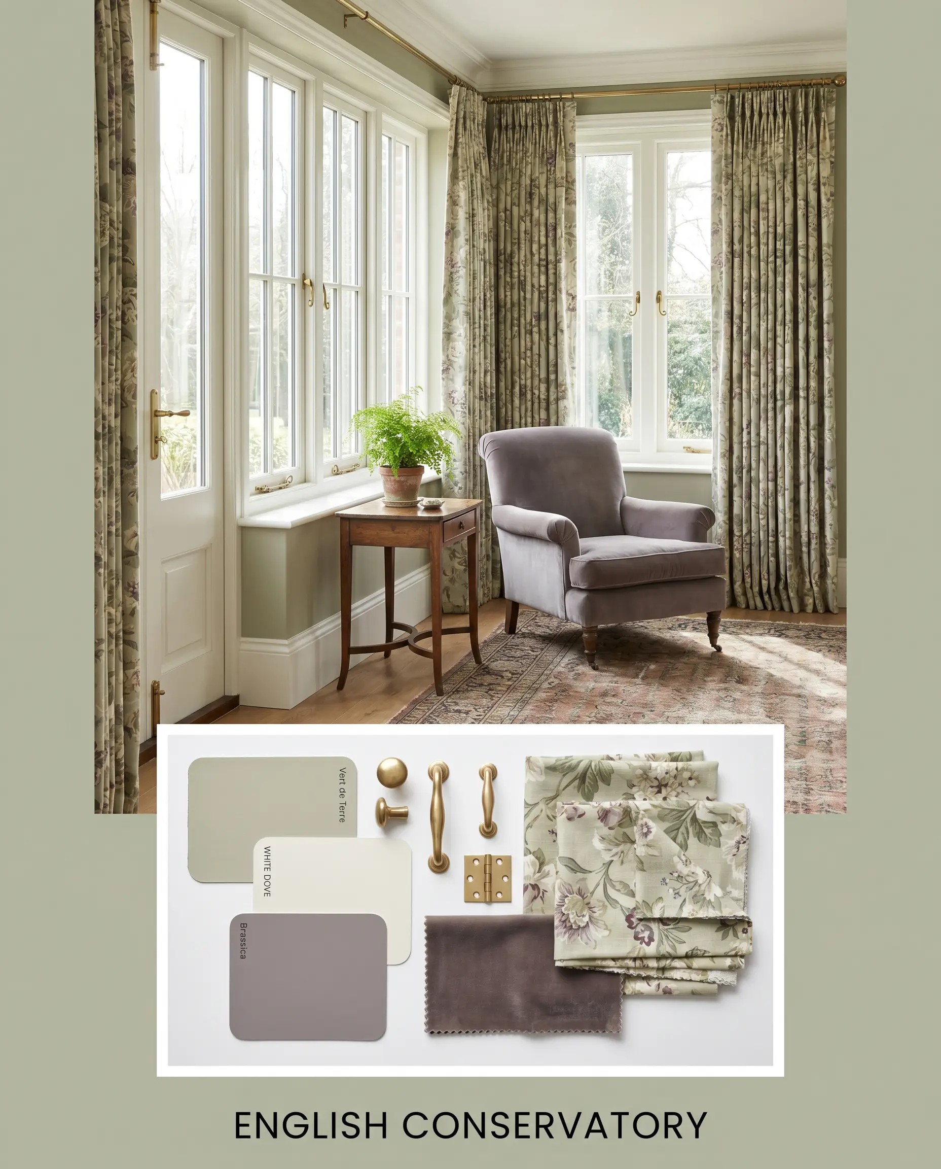 An editorial layout features a traditional English conservatory room shot above an inset flat-lay of earthy grey-green paint swatches, unlacquered brass hardware, and floral textiles.