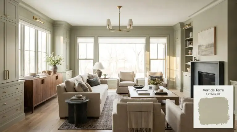 A transitional living area features millwork painted in Farrow & Ball Vert de Terre (Hex #b7baa4), alongside a warm walnut credenza and natural linen sofas.