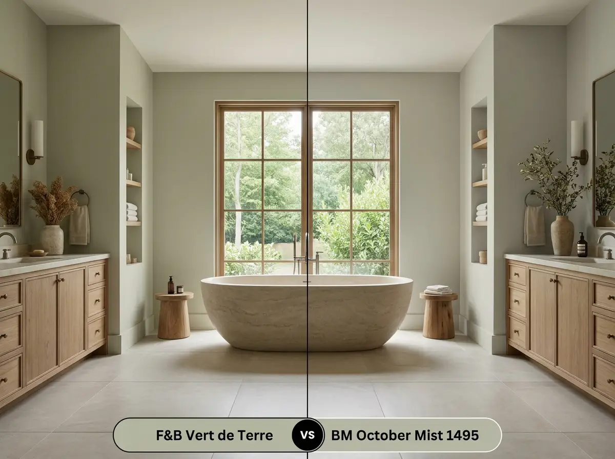 A side-by-side split-screen comparison of Farrow & Ball Vert de Terre on the left and Benjamin Moore October Mist 1495 on the right, shown in a serene bathroom.