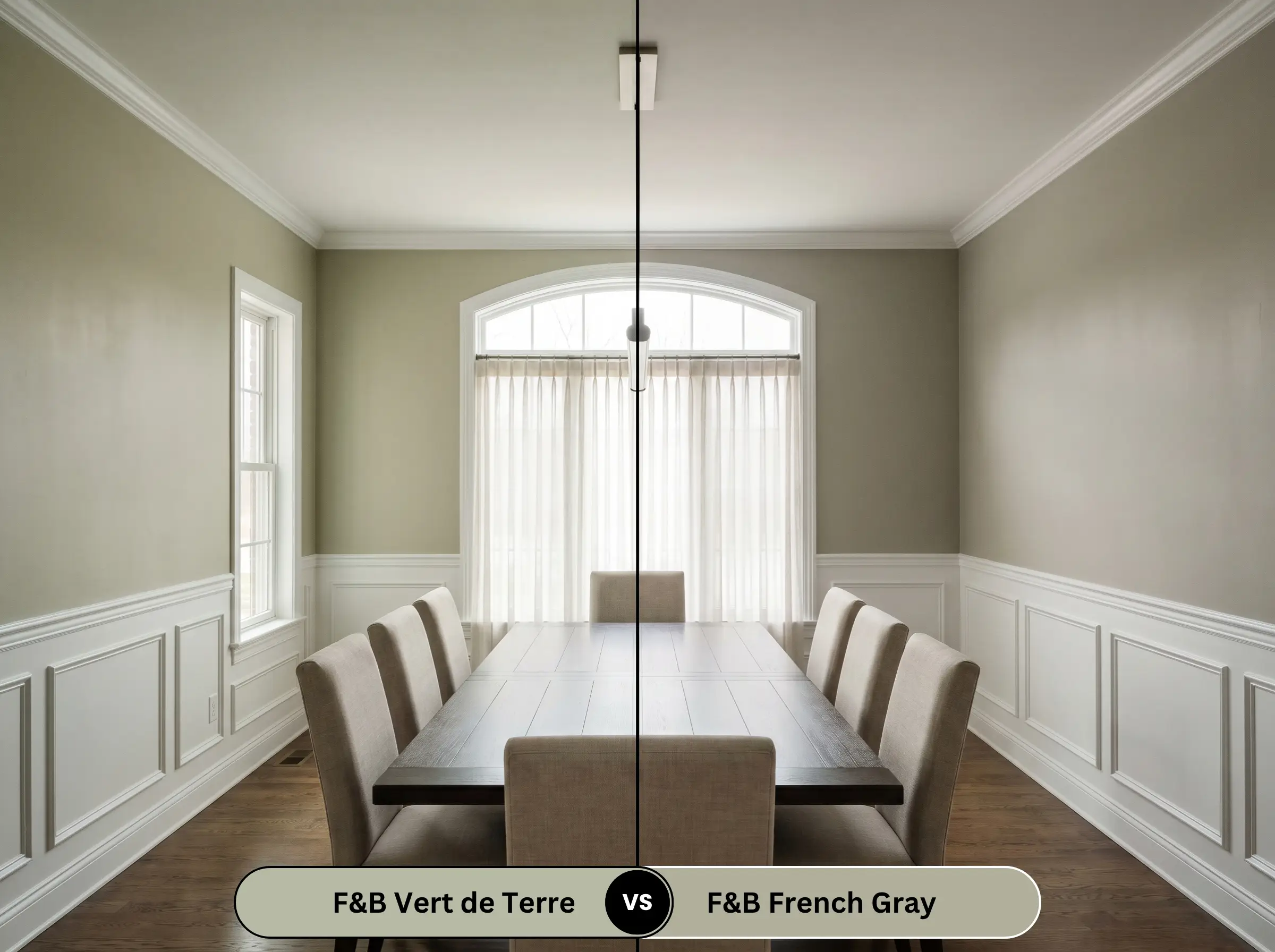 A side-by-side split-screen comparison of Farrow & Ball Vert de Terre on the left and Farrow & Ball French Gray 18 on the right, shown in a traditional dining room.