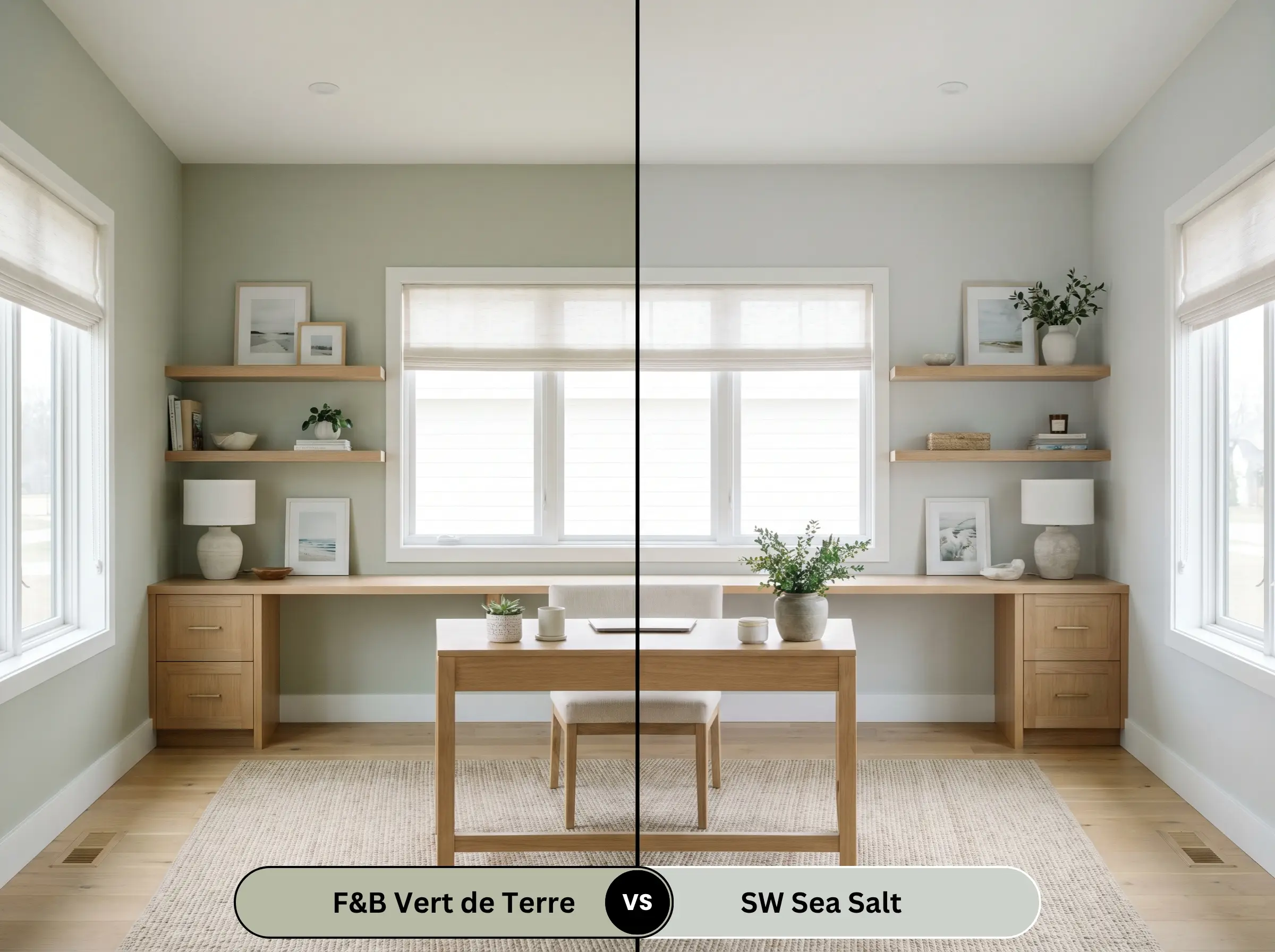 A side-by-side split-screen comparison of Farrow & Ball Vert de Terre on the left and Sherwin-Williams Sea Salt SW 6204 on the right, shown in a bright home office.