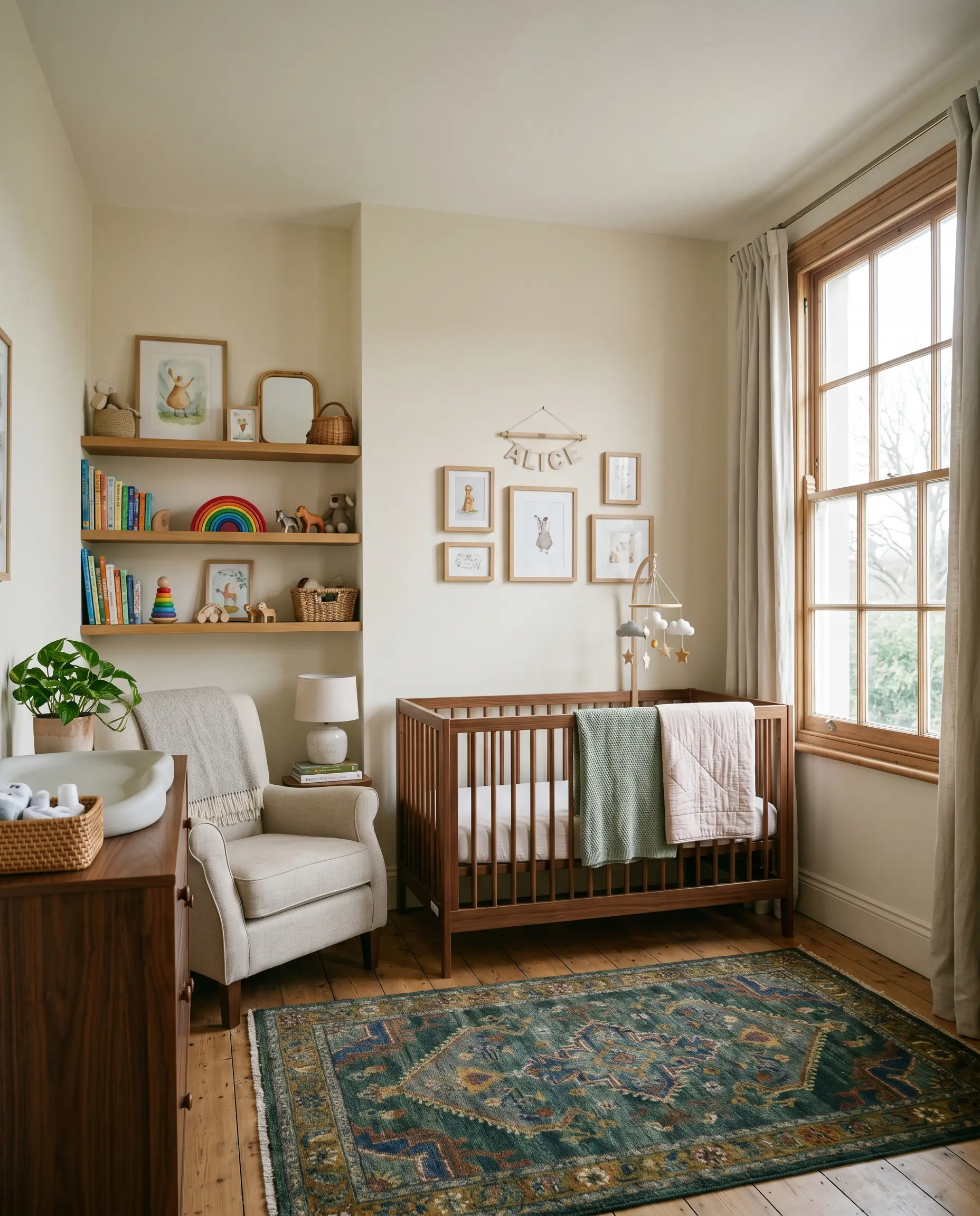 A warm walnut crib, soft pastel textiles, and a muted jewel-toned rug furnish a cheerful nursery featuring chalky off-white walls.