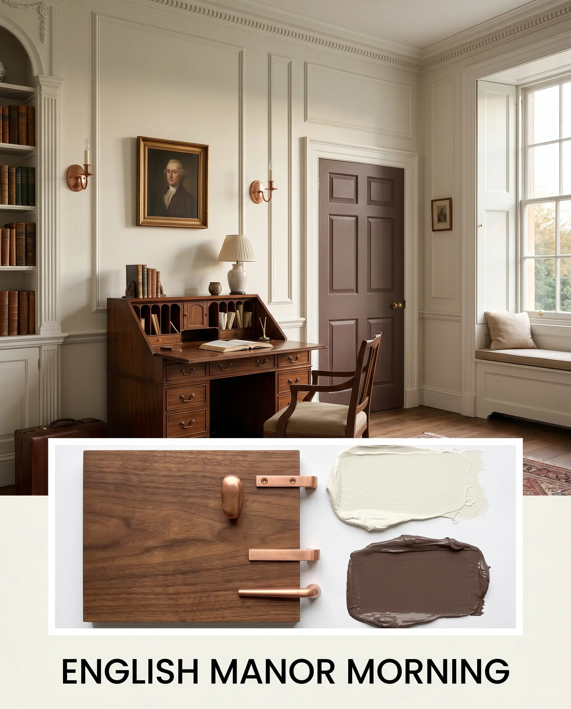 An editorial magazine layout features a historic countryside estate study painted Farrow & Ball Wimborne White (Hex #f4f2e7) above a flat-lay of rich walnut and unlacquered copper.