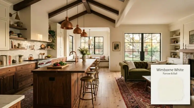 Unlacquered copper pendant lights and rich walnut butcher block counters anchor an open-concept kitchen painted in Farrow & Ball Wimborne White (Hex #f4f2e7).